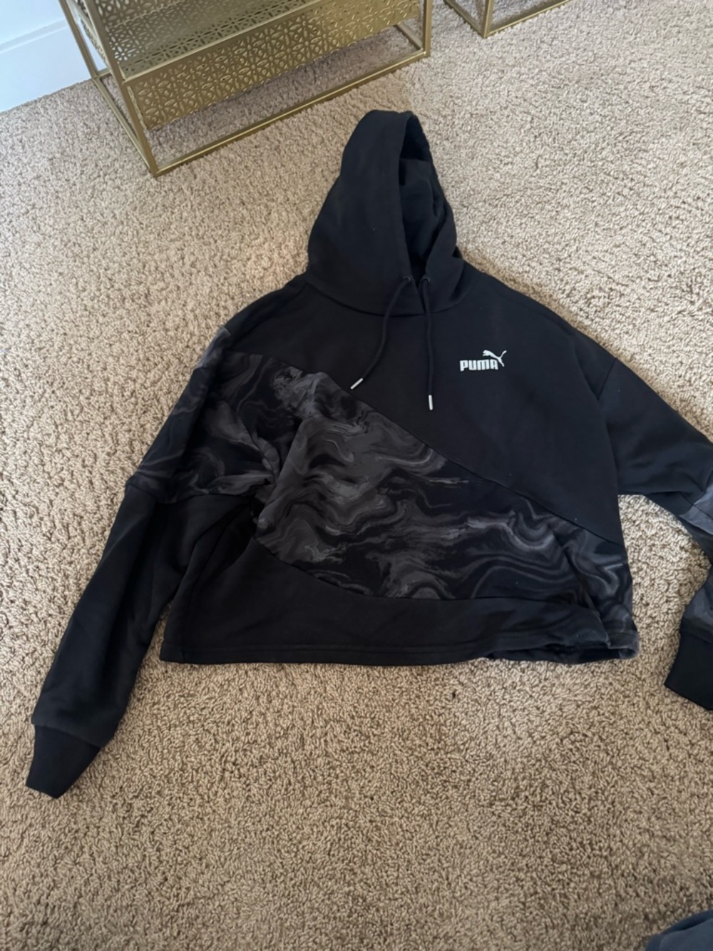 Puma Black Marbled Panel Cropped Hoodie